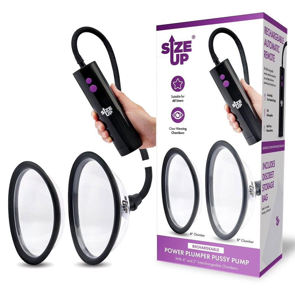 Size Up Rechargeable Power Plumper intimate pump with two clear chambers and ball grip remote