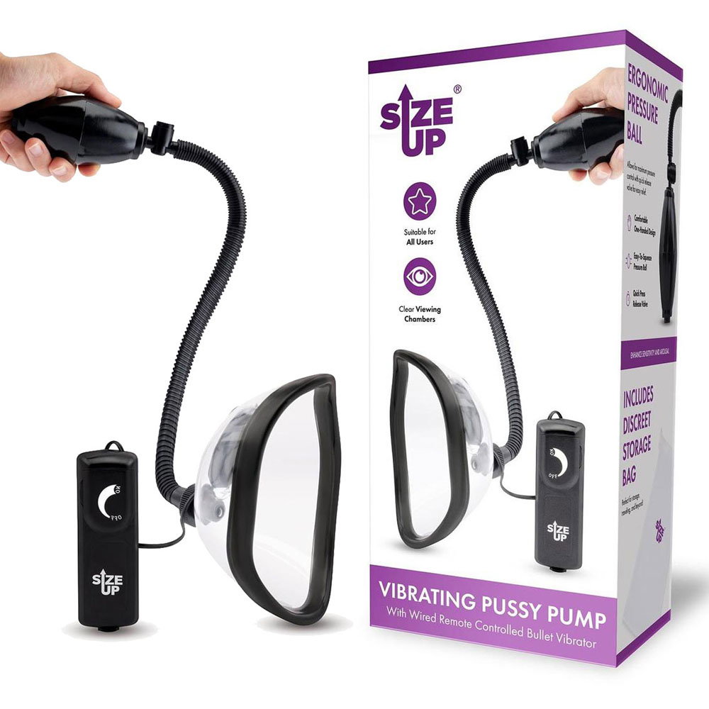 Size Up vibrating vulva pump with clear chamber, pressure hose and wired ball grip remote control