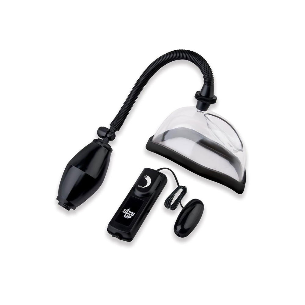 Size Up vibrating vulva pump with clear chamber, pressure hose and wired ball grip remote control