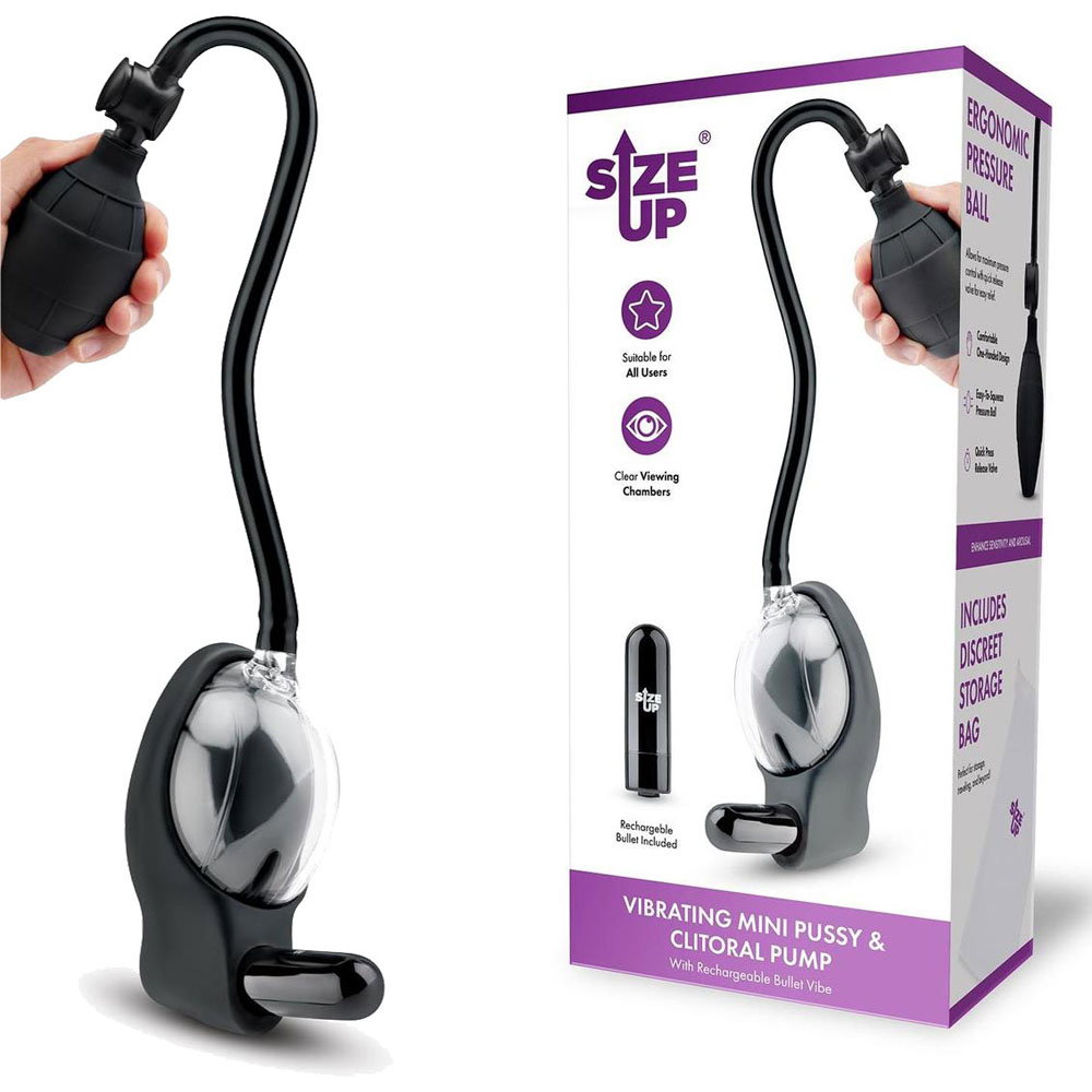 Size Up Vibrating Mini Vulva & Clitoral Pump with clear chamber, ball grip handle and bullet vibe