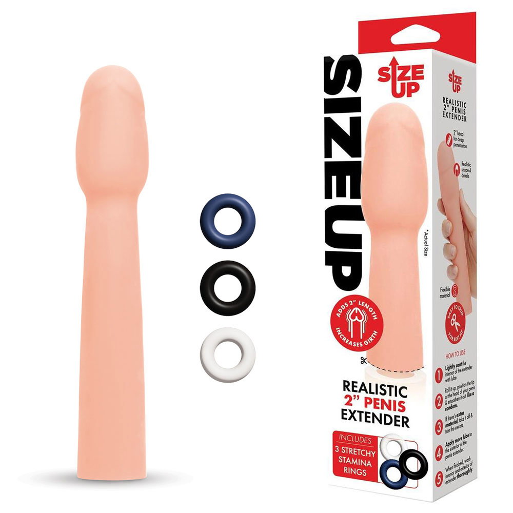 Size Up Realistic 2 inch Penis Extender sleeve with three stretchy stamina rings