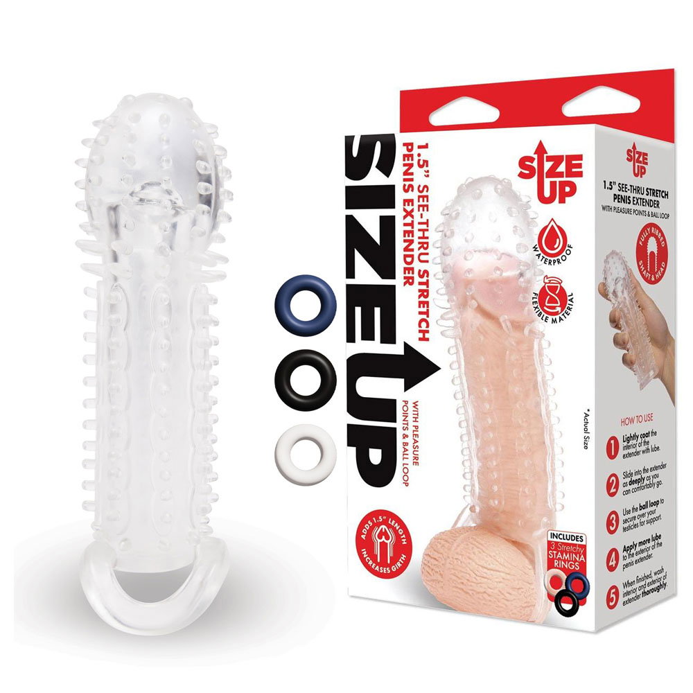 Clear textured penis extender sleeve with ball loop and three stretchy stamina rings