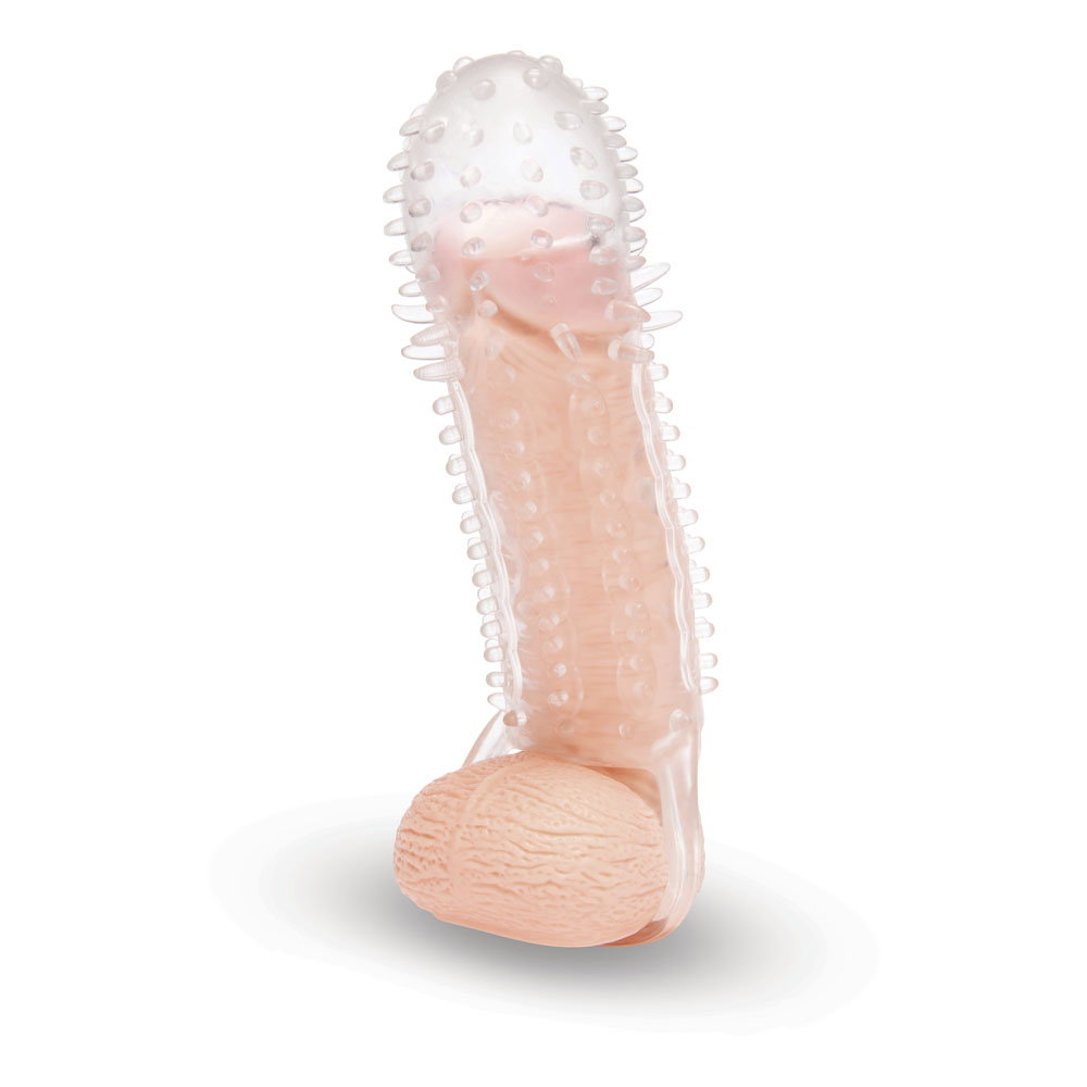 Clear textured penis extender sleeve with ball loop and three stretchy stamina rings