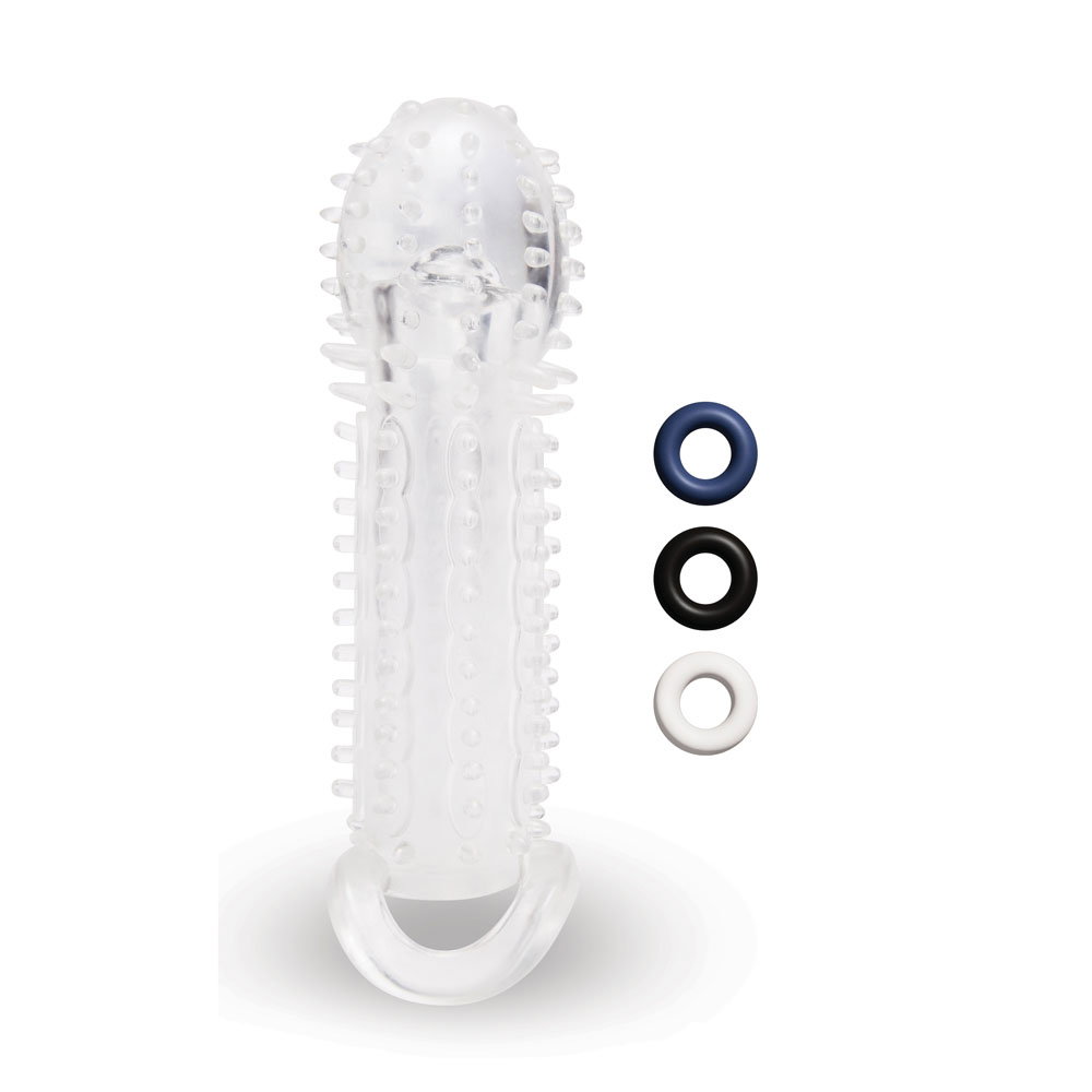 Clear textured penis extender sleeve with ball loop and three stretchy stamina rings