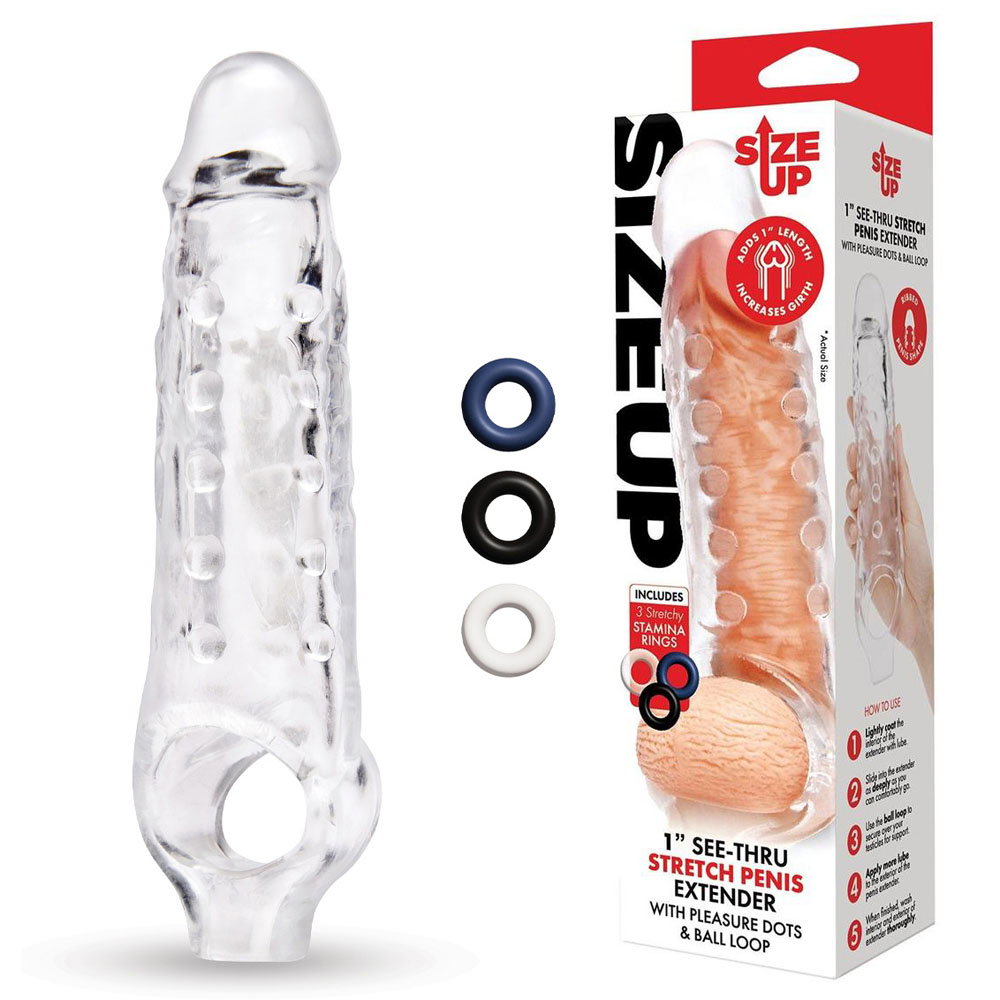 Size Up clear see-through penis extender sleeve with textured nubs, ball loop and three stamina rings