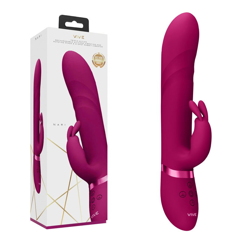 VIVE Nari pink rabbit-style vibrator with rotating bead shaft, silicone finish