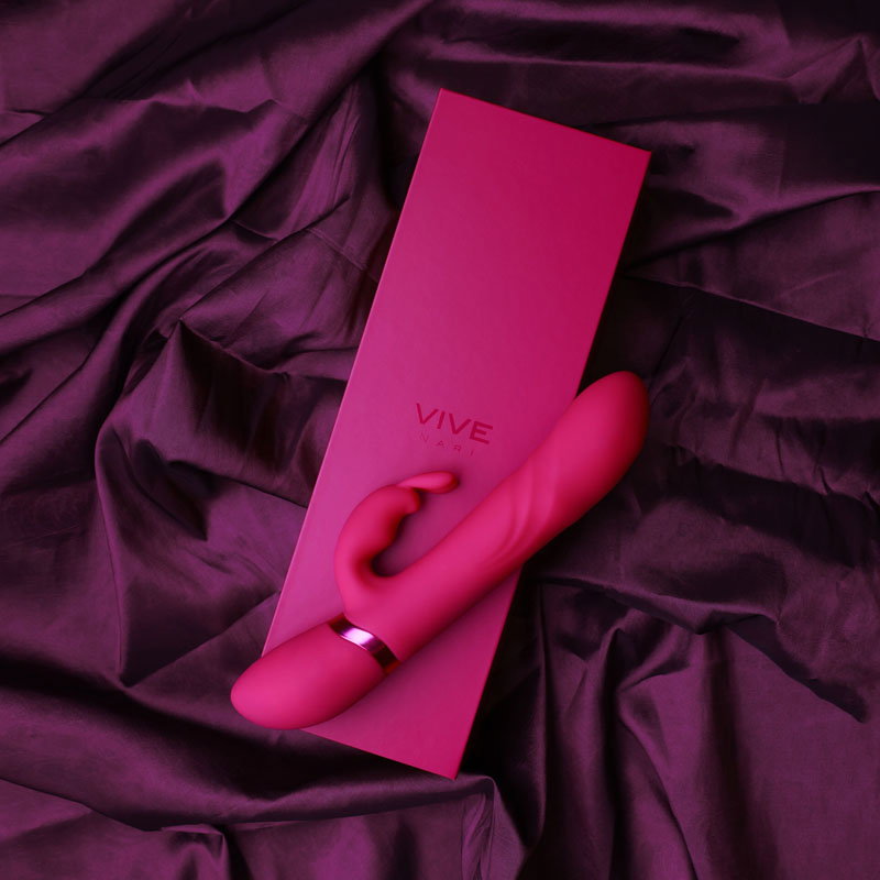 VIVE Nari pink rabbit-style vibrator with rotating bead shaft, silicone finish