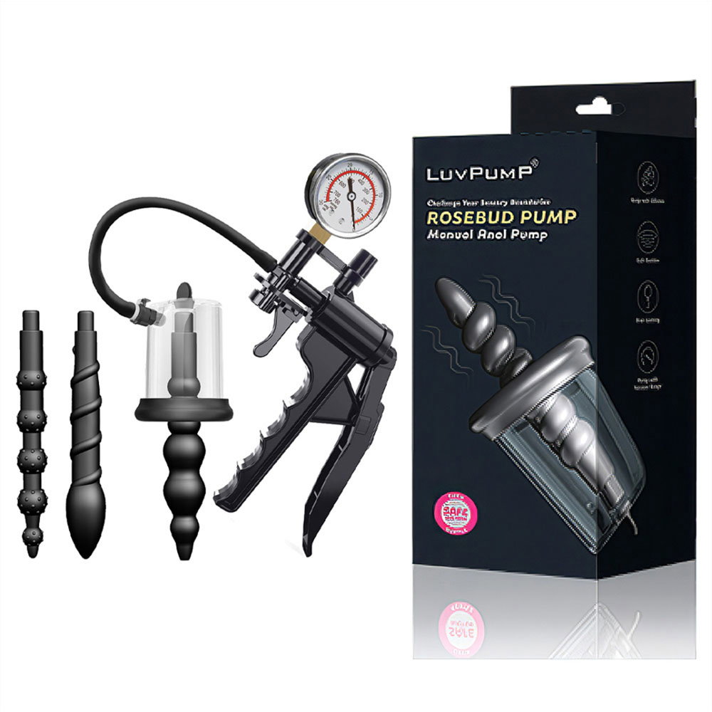 LuvPump Rosebud manual anal pump kit with pressure gauge, silicone cushion and two textured inserts