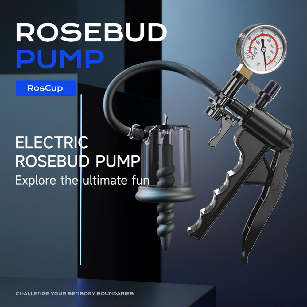LuvPump Rosebud manual anal pump kit with pressure gauge, silicone cushion and two textured inserts