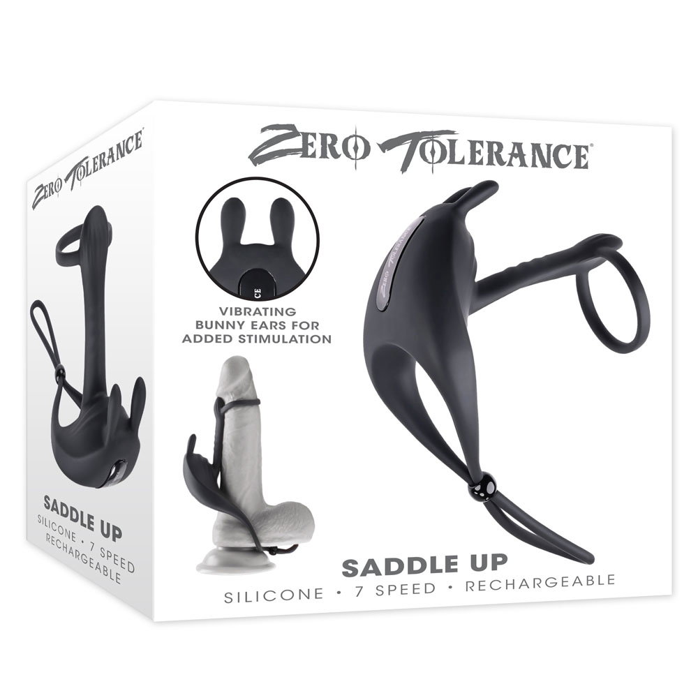 Zero Tolerance Saddle Up vibrating penis ring with adjustable drawstring and bunny-ear stimulator