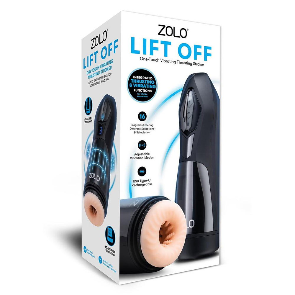 Zolo Lift Off vibrating thrusting stroker with tapered base and USB-C charging cable