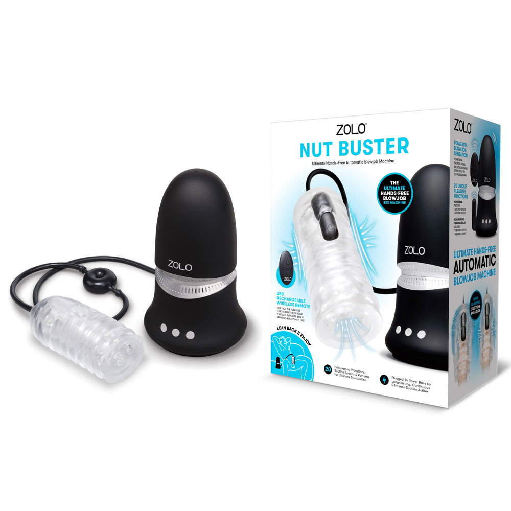 Zolo Nut Buster automatic hands-free masturbator with power base, textured silicone sleeve and wireless remote
